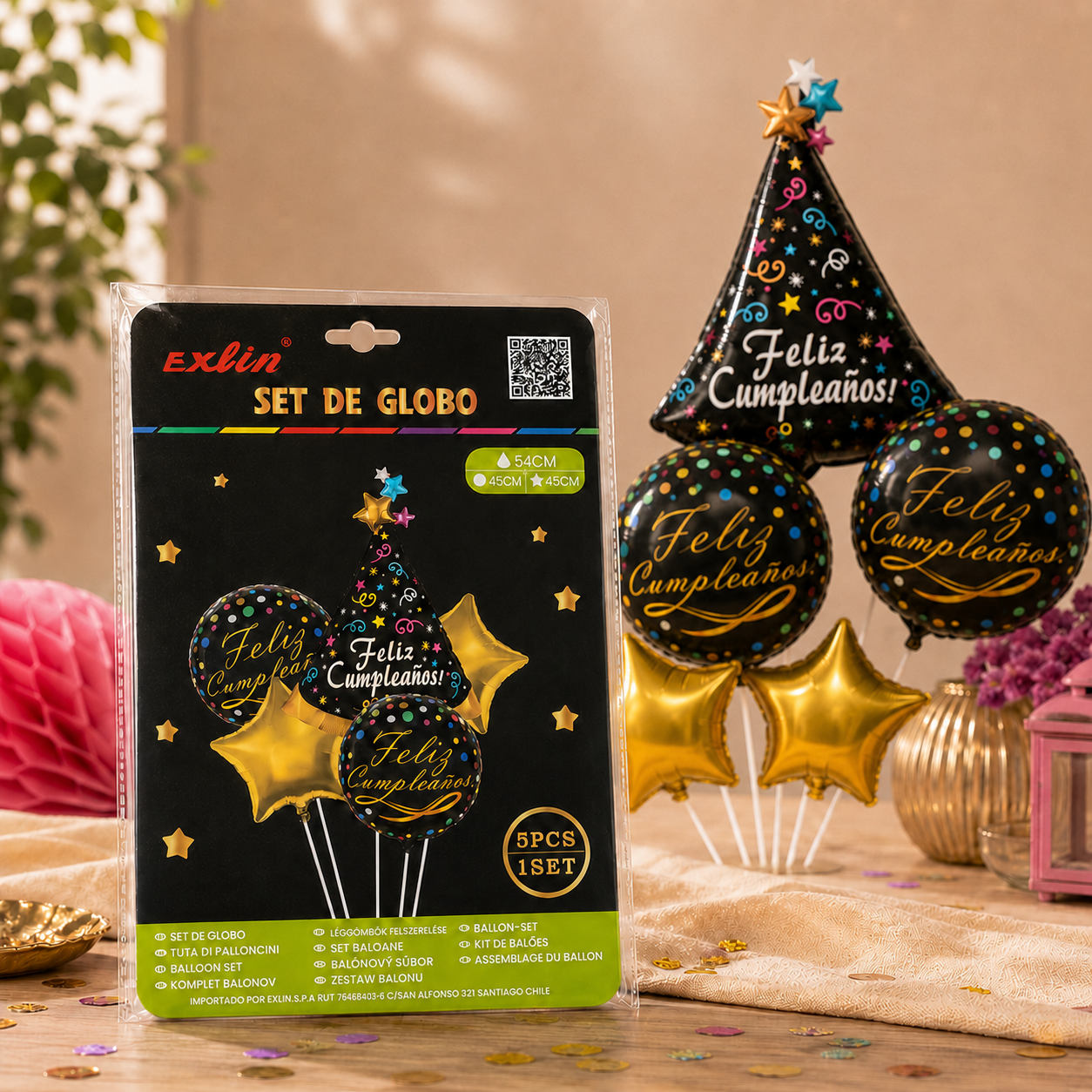 🌟 Set de Globos Feliz Cumpleaños Negro y Dorado - 5 Piezas