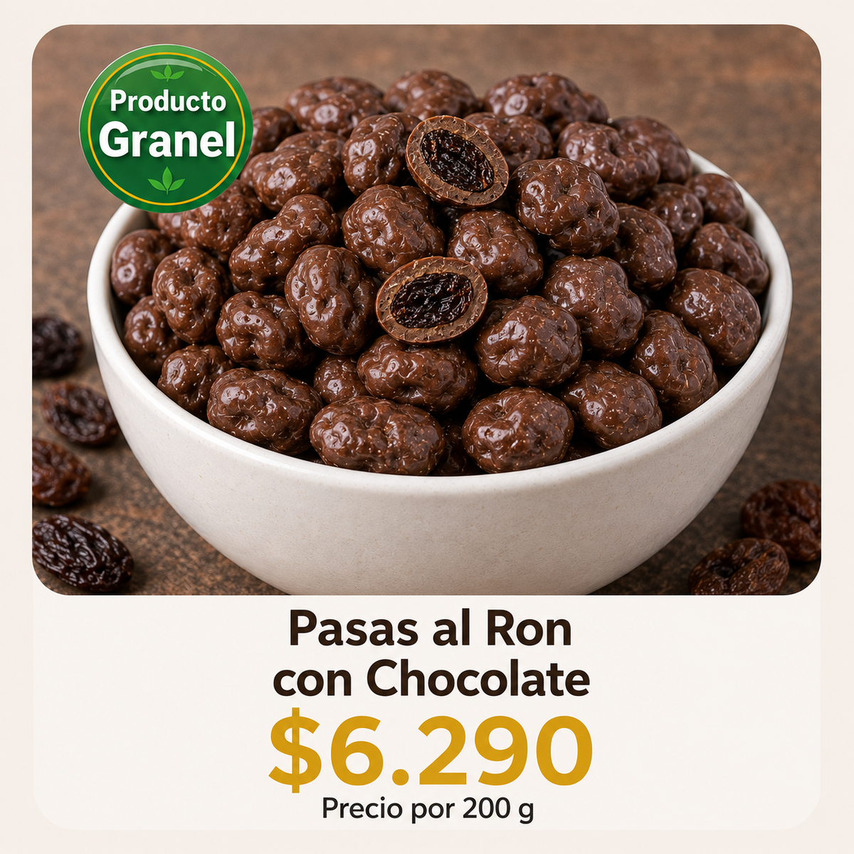 Pasas al ron con Chocolate a Granel