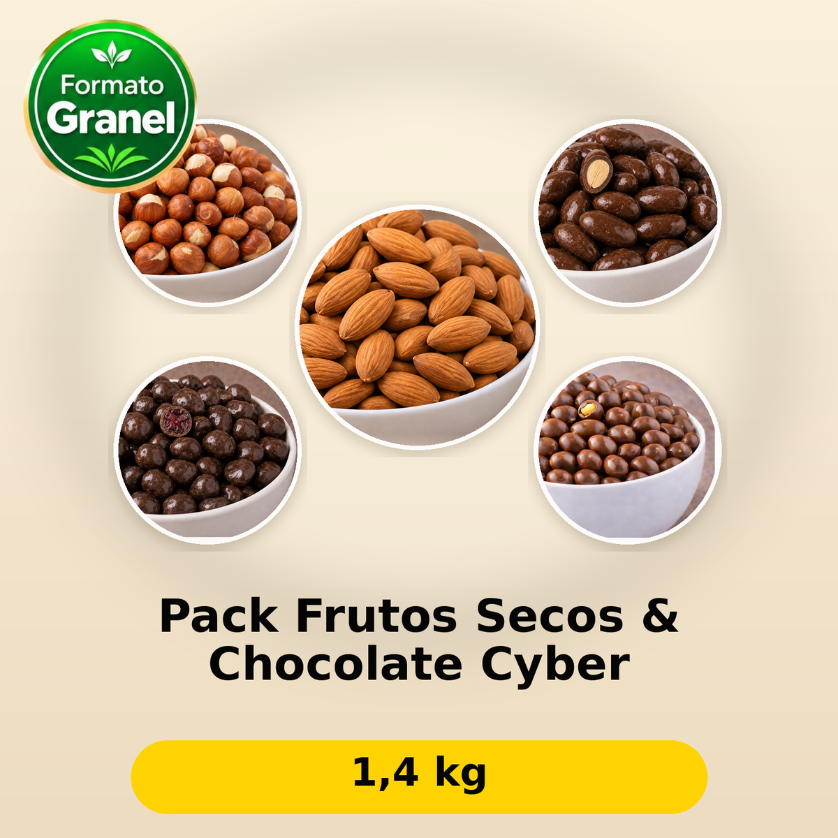 Pack Frutos Secos & Chocolate Cyber: fotos reales de sus componentes; 1,4 kg