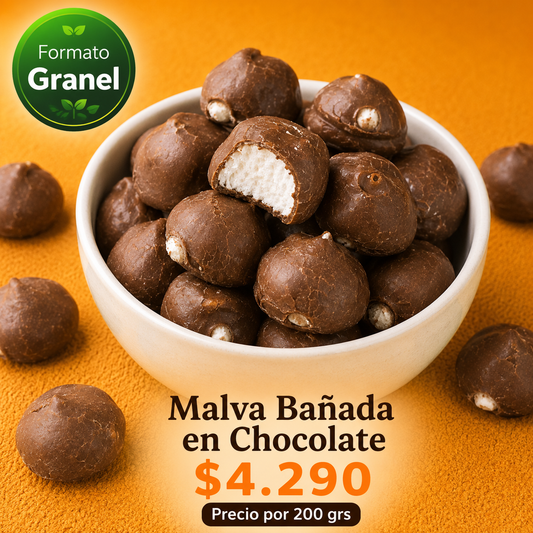 Malva Bañada en Chocolate a Granel — Esponjosa por dentro, crocante por fuera ⭐