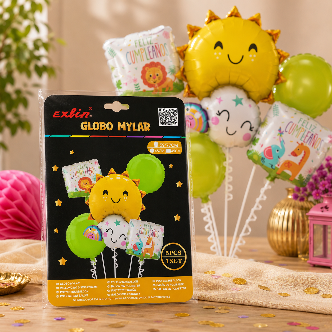 ☀️ Set de Globos Mylar Sol Safari Feliz Cumpleaños - 5 Piezas