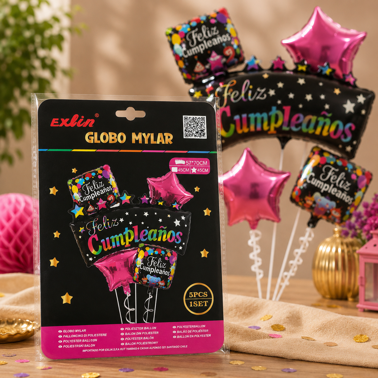 🌈 Set de Globos Mylar Feliz Cumpleaños Arcoíris - 5 Piezas