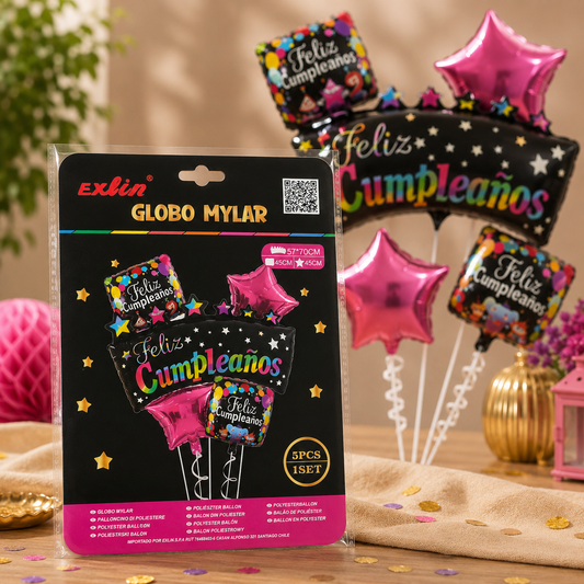 🌈 Set de Globos Mylar Feliz Cumpleaños Arcoíris - 5 Piezas