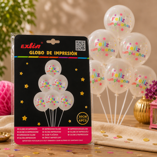 🎈 Globo de Impresión Feliz Cumpleaños Transparente - 6 Piezas