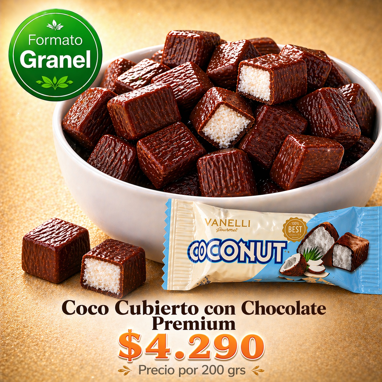 Coco cubierto con chocolate premium a Granel