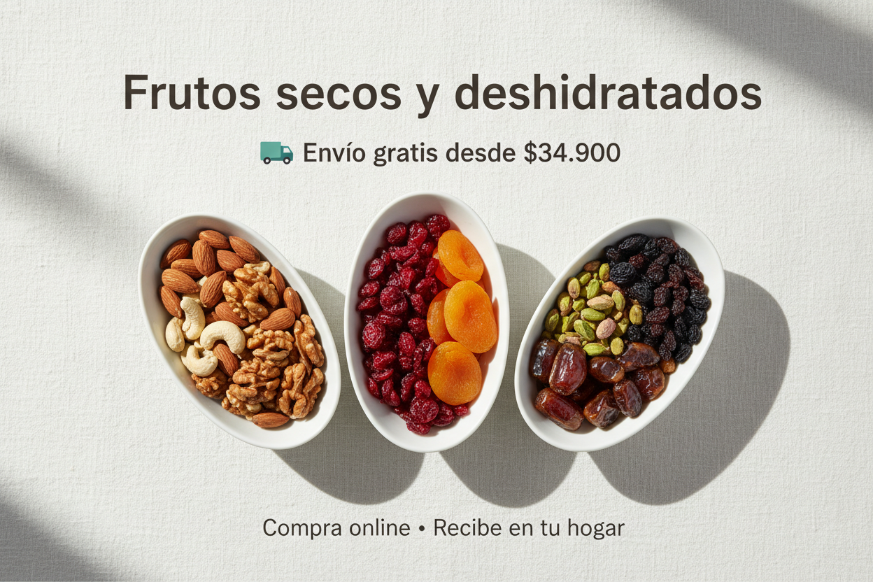 Banner web minimalista para ecommerce de frutos secos.
Fondo claro, frutos secos seleccionados en bowls blancos, composición limpia y ordenada.
Estilo moderno, natural y elegante.

Texto en la imagen:
“Frutos secos y deshidratados”
🚚 “Envío gratis desde $34.900”
“Compra online • Recibe en tu hogar”

Alta legibilidad, enfoque en confianza y comodidad de compra.