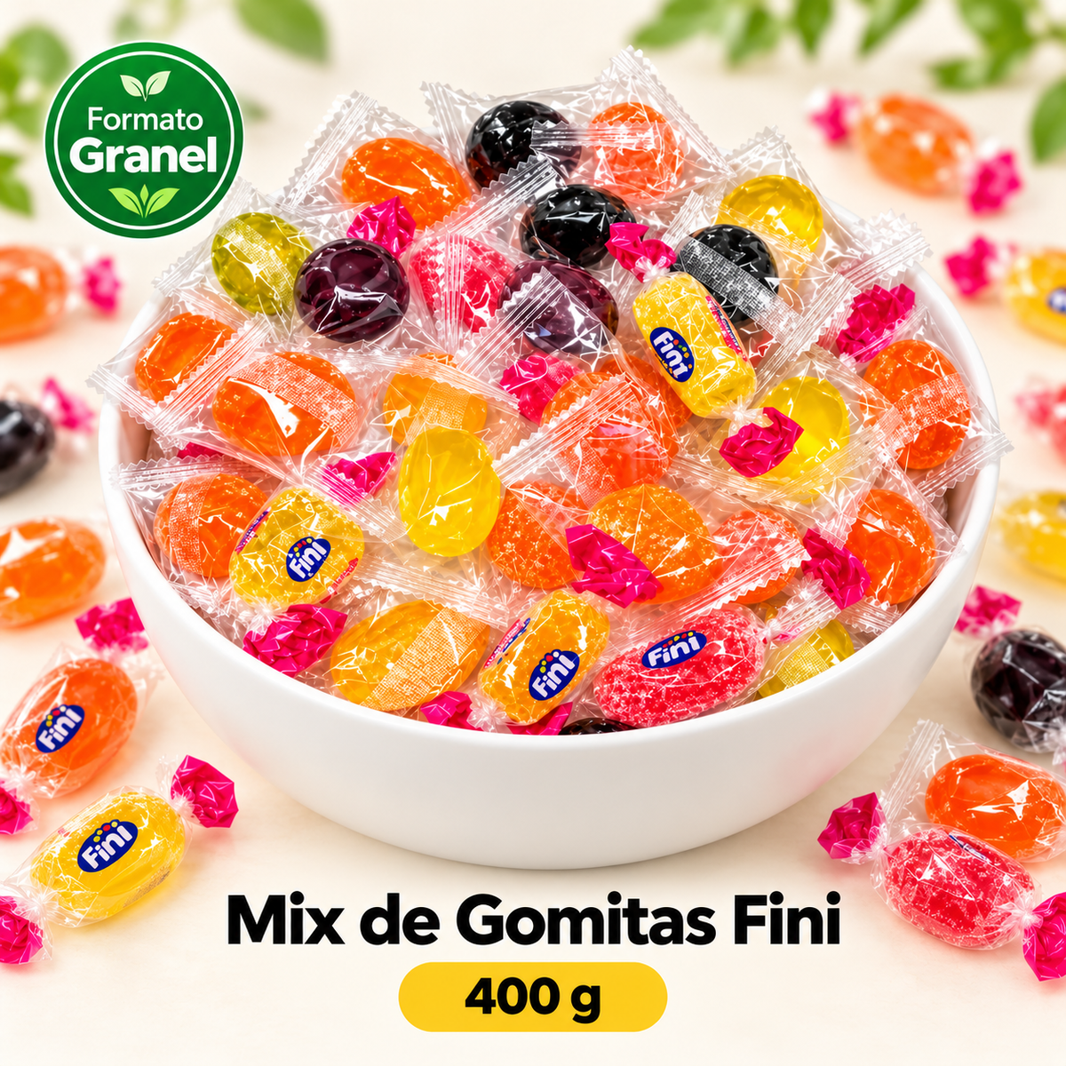 Mix de Gomitas Fini 400 g en bol blanco, con sello Formato Granel
