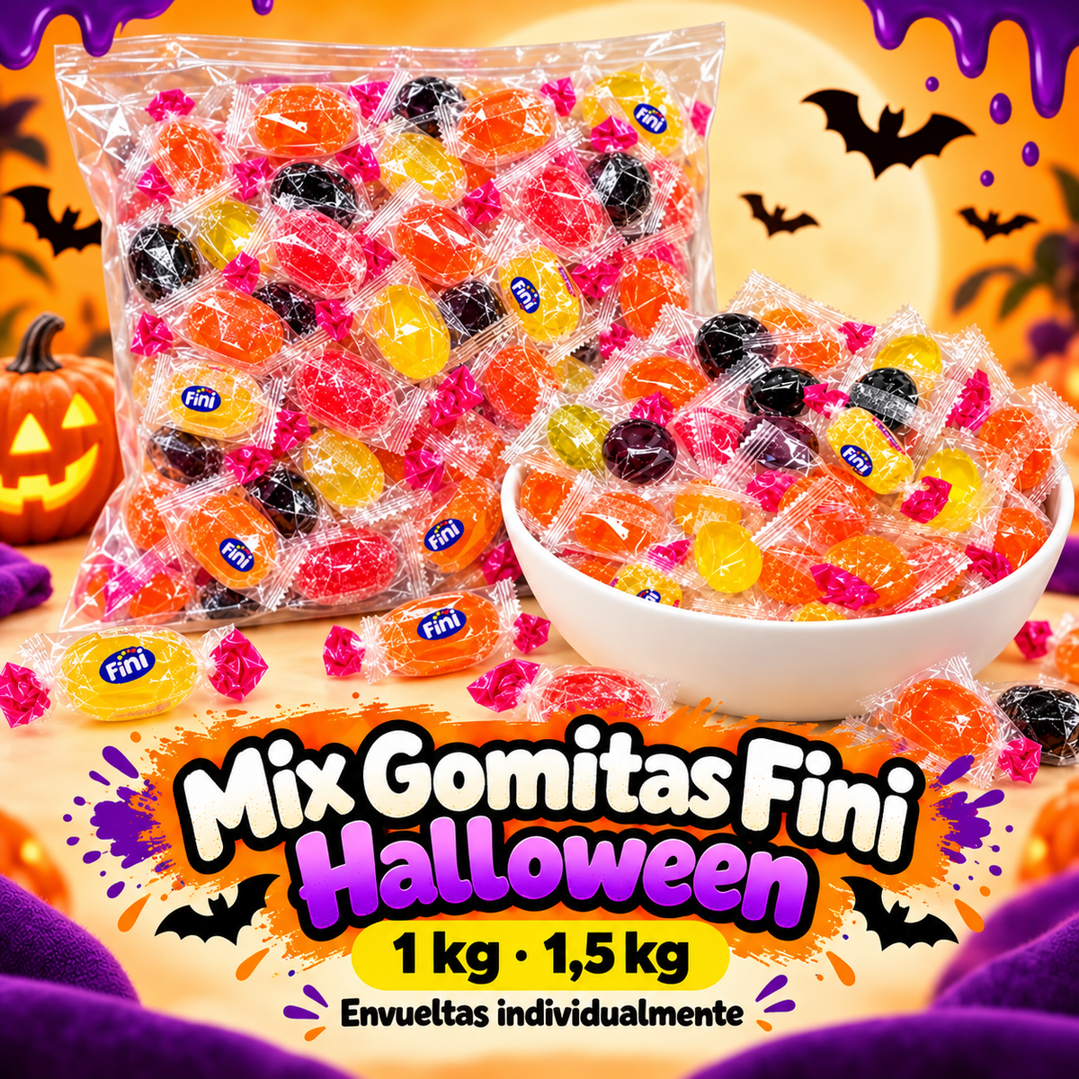 Mix Gomitas Fini Halloween envueltas individualmente en formatos de 1 kg y 1,5 kg