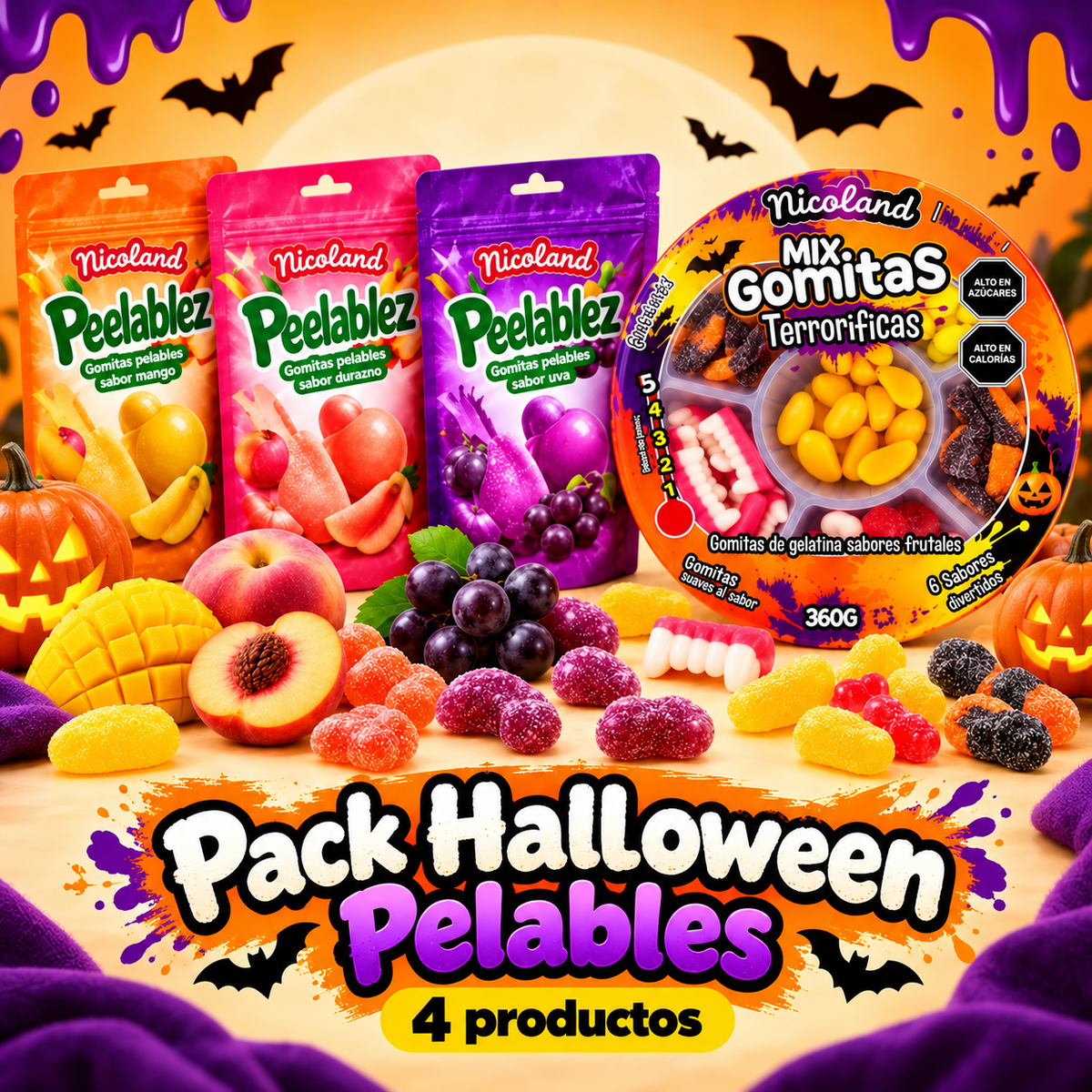 Pack Halloween Pelables: mango, durazno y uva de 85 g y plato de gomitas terroríficas de 360 g