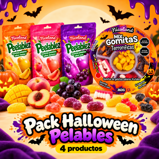 Pack Halloween Pelables: mango, durazno y uva de 85 g y plato de gomitas terroríficas de 360 g
